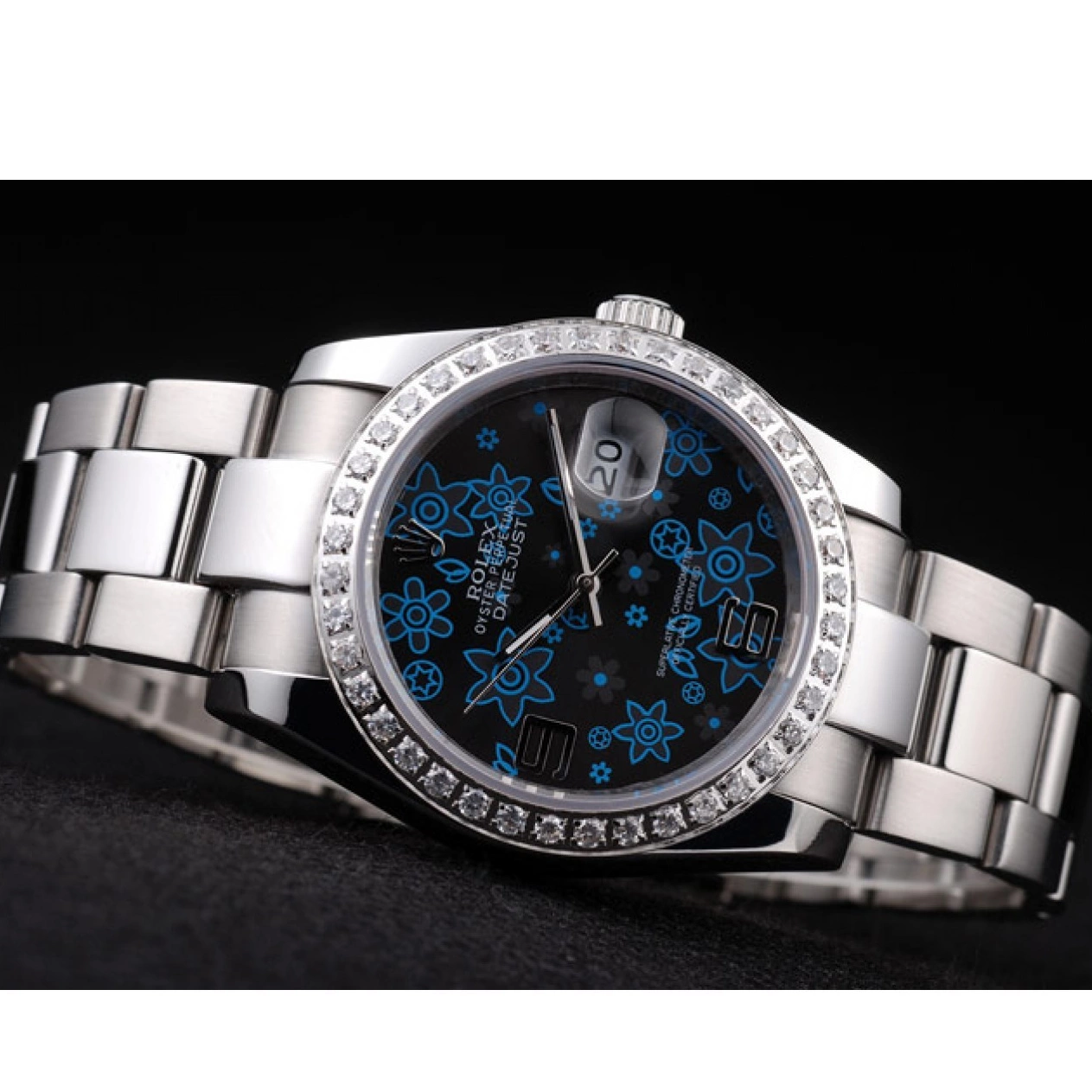 Good copy rolex watches Dial Datejust Blue Stainless Steel Dark Plated Flowers Polished Diamond Rolex 0717